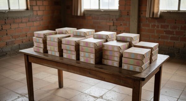 Pilhas de caixas de chocolate doadas para Páscoa solidária no Jornal de Brasília.