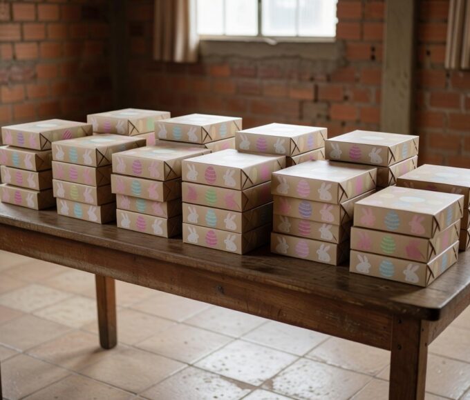 Pilhas de caixas de chocolate doadas para Páscoa solidária no Jornal de Brasília.