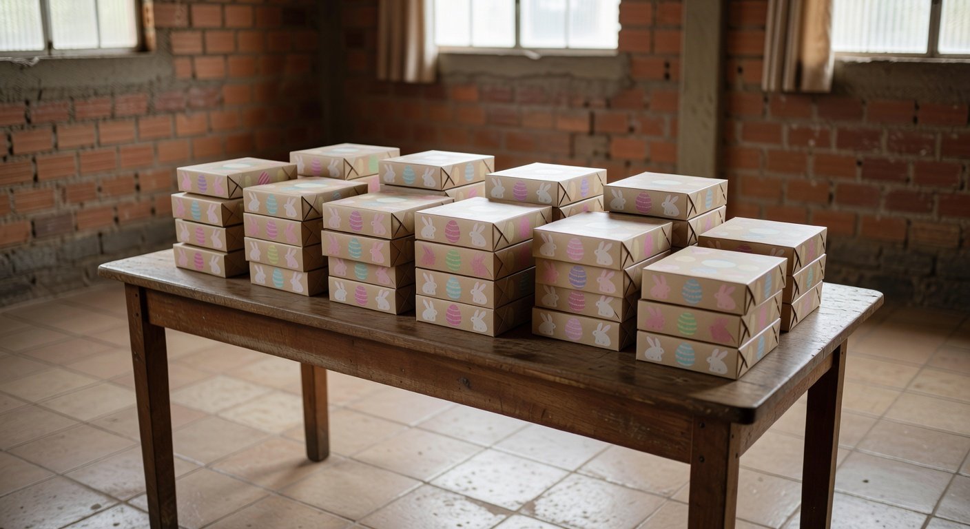 Pilhas de caixas de chocolate doadas para Páscoa solidária no Jornal de Brasília.