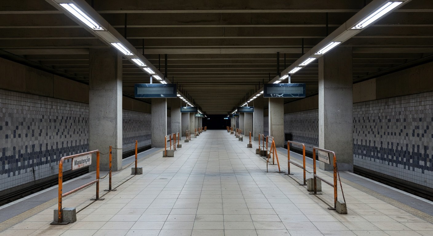 Estação de metrô em Brasília com sinais de desgaste e falhas em manutenção, representando problemas em aquisições públicas.