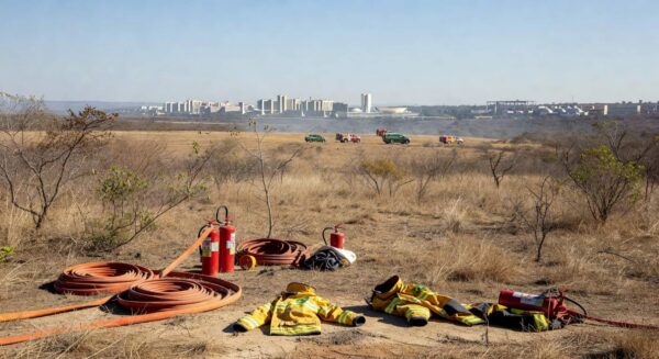 Equipamentos de brigadistas contra incêndios em treinamento no Distrito Federal, com veículos do Ibama e paisagem do cerrado.