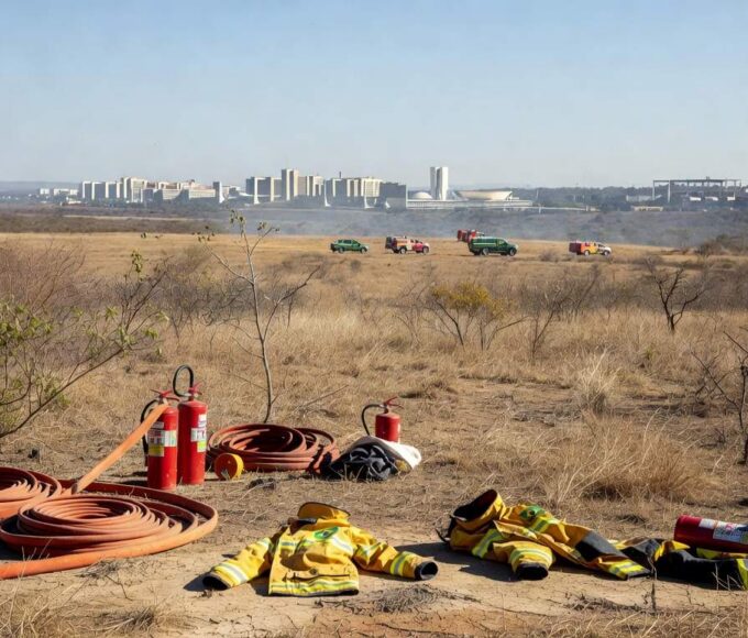 Equipamentos de brigadistas contra incêndios em treinamento no Distrito Federal, com veículos do Ibama e paisagem do cerrado.