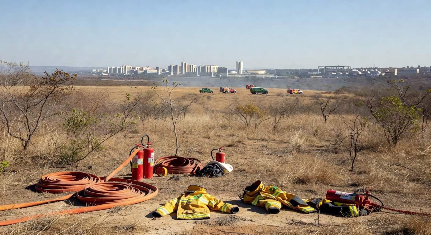 Equipamentos de brigadistas contra incêndios em treinamento no Distrito Federal, com veículos do Ibama e paisagem do cerrado.