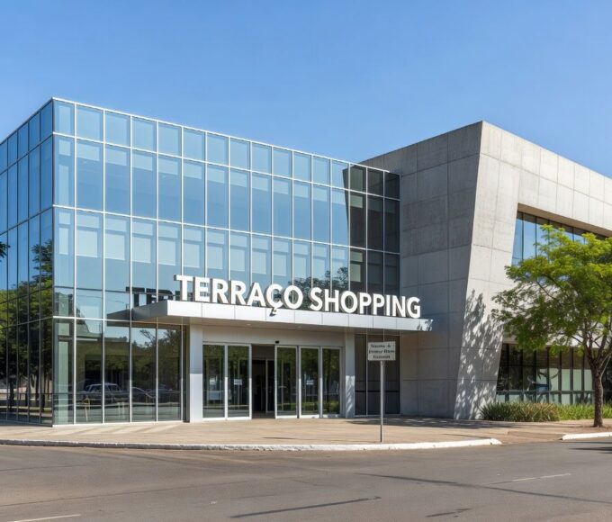 Fachada do Terraço Shopping em Brasília com banners de serviços públicos essenciais.