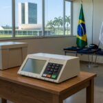 Urna eletrônica em votação para diretoria do Sinpol-DF, com emblemas da Polícia Civil do Distrito Federal.