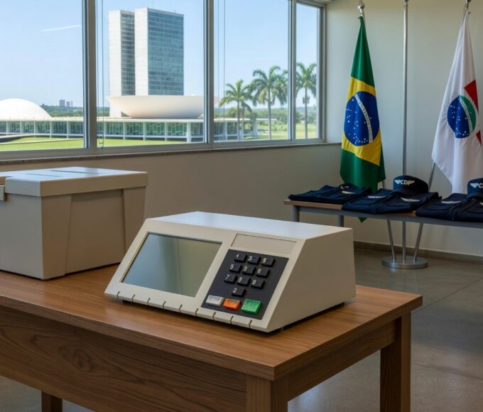 Urna eletrônica em votação para diretoria do Sinpol-DF, com emblemas da Polícia Civil do Distrito Federal.