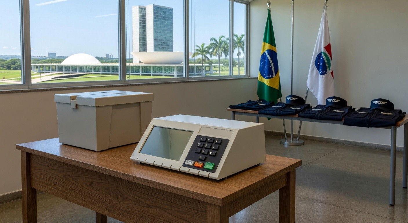 Urna eletrônica em votação para diretoria do Sinpol-DF, com emblemas da Polícia Civil do Distrito Federal.