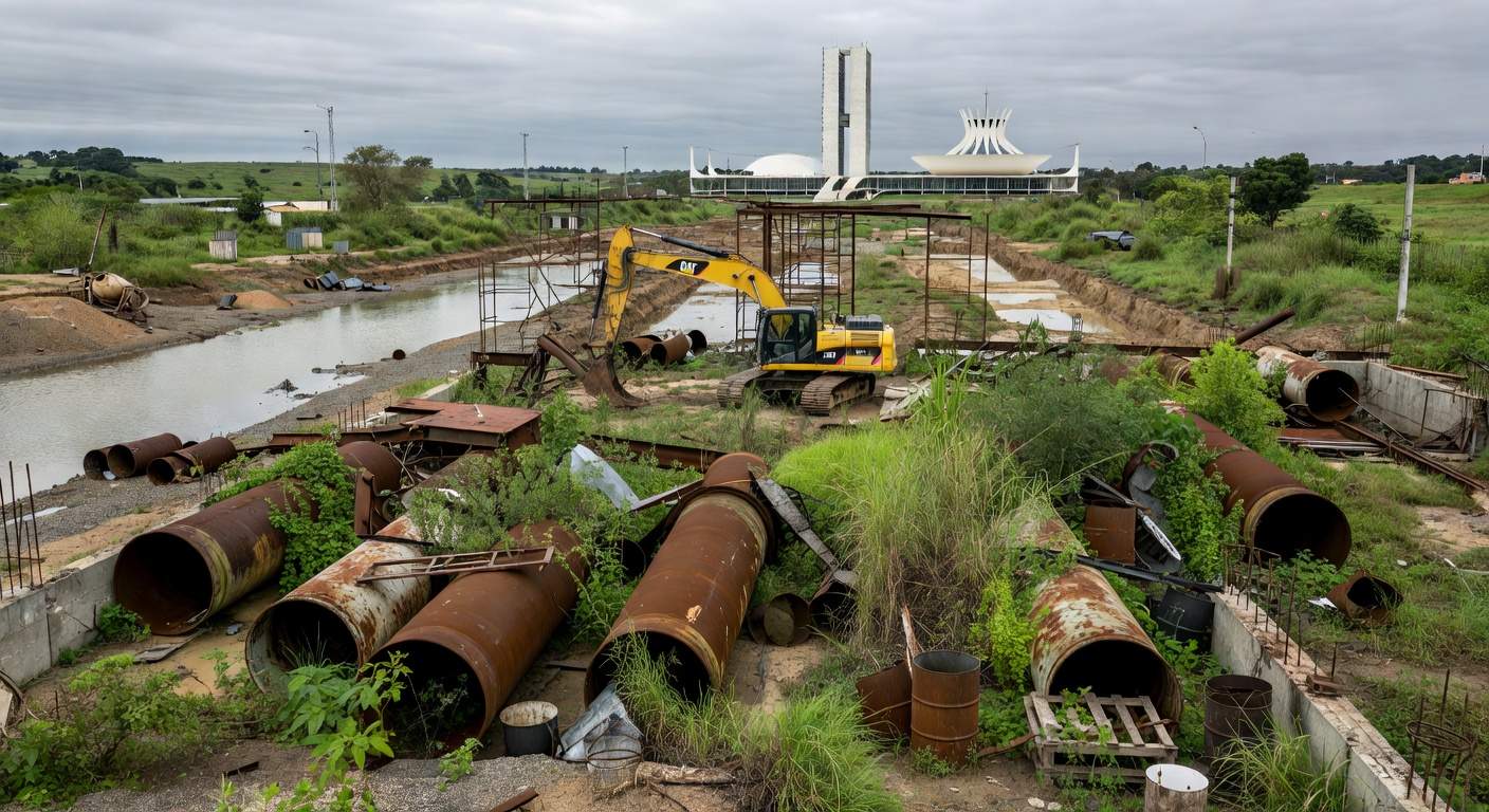 Estação de saneamento abandonada em Brasília, representando atrasos crônicos da Caesb no DF.
