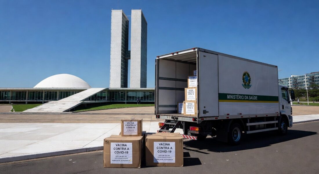 Caixas de vacinas contra Covid-19 em centro de distribuição no Distrito Federal, recebidas do Ministério da Saúde.
