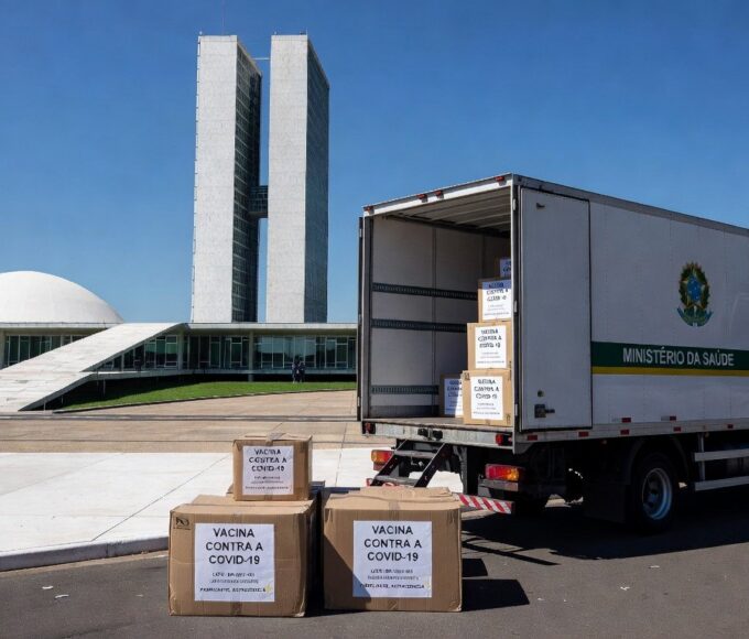 Caixas de vacinas contra Covid-19 em centro de distribuição no Distrito Federal, recebidas do Ministério da Saúde.