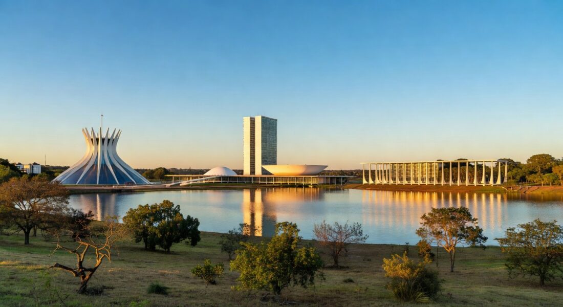 Vista panorâmica de Brasília com arquitetura moderna, representando hackathon HackaCity Guará para soluções urbanas inovadoras.