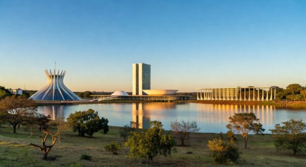 Vista panorâmica de Brasília com arquitetura moderna, representando hackathon HackaCity Guará para soluções urbanas inovadoras.