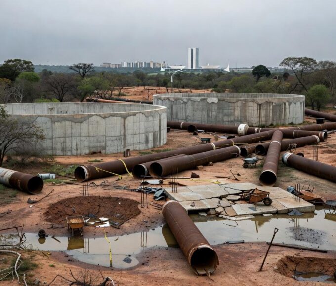 Obras para combater escassez de água no DF, com paisagem seca e equipamentos de construção.