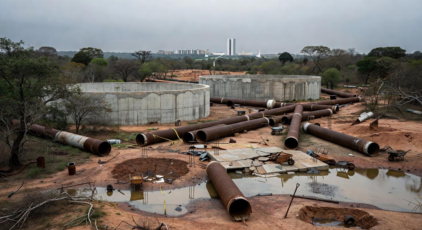 Obras para combater escassez de água no DF, com paisagem seca e equipamentos de construção.