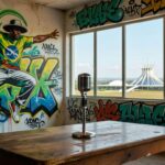 Microfone em palco de centro cultural em Brasília representando projeto Turma do Flow para capacitação de jovens MCs no rap.