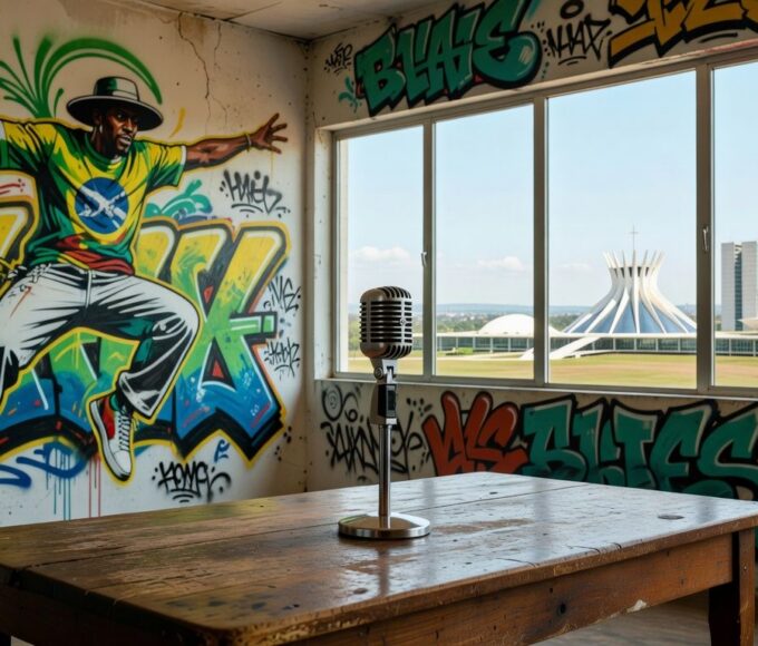 Microfone em palco de centro cultural em Brasília representando projeto Turma do Flow para capacitação de jovens MCs no rap.