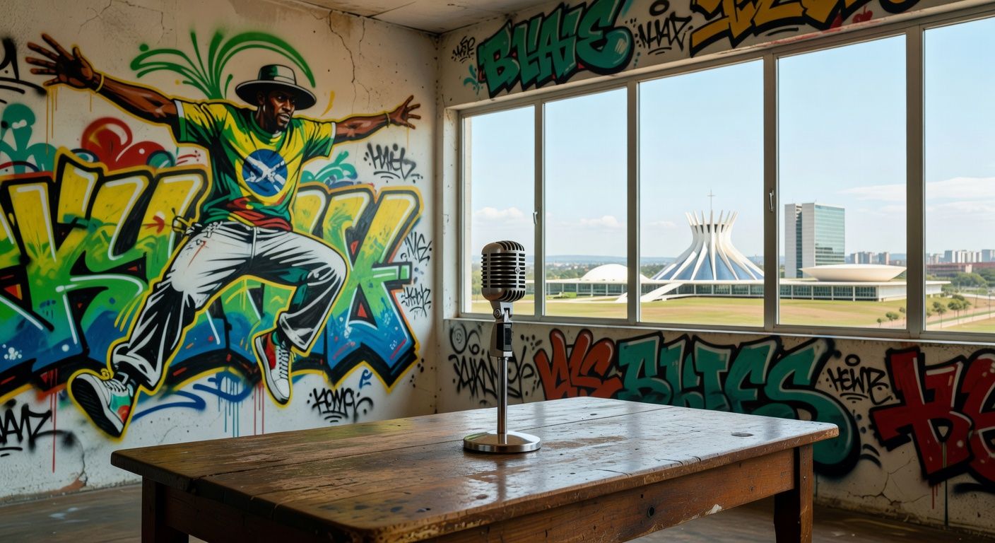 Microfone em palco de centro cultural em Brasília representando projeto Turma do Flow para capacitação de jovens MCs no rap.