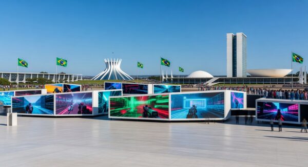 Evento TecnoGame 2026 em Brasília com estandes de tecnologia e games, arquitetura moderna ao fundo.