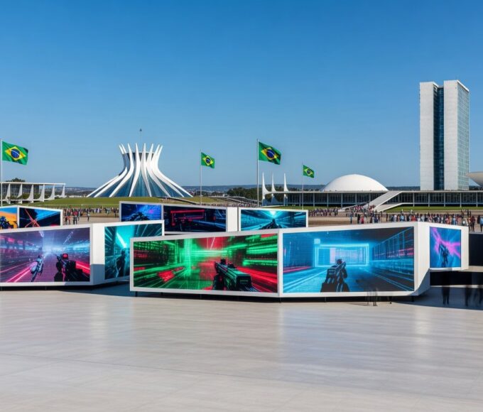 Evento TecnoGame 2026 em Brasília com estandes de tecnologia e games, arquitetura moderna ao fundo.