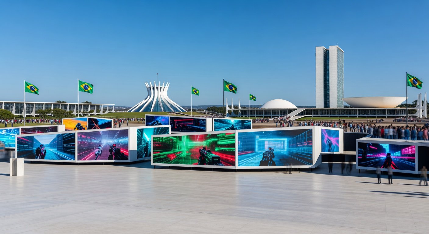 Evento TecnoGame 2026 em Brasília com estandes de tecnologia e games, arquitetura moderna ao fundo.