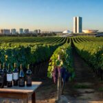 Vinhedos e garrafas de vinho em vinícola de Brasília, celebrando 2 anos e 66 anos da capital.