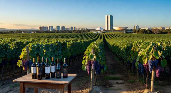 Vinhedos e garrafas de vinho em vinícola de Brasília, celebrando 2 anos e 66 anos da capital.