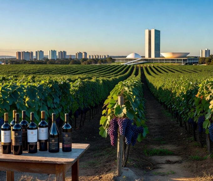 Vinhedos e garrafas de vinho em vinícola de Brasília, celebrando 2 anos e 66 anos da capital.