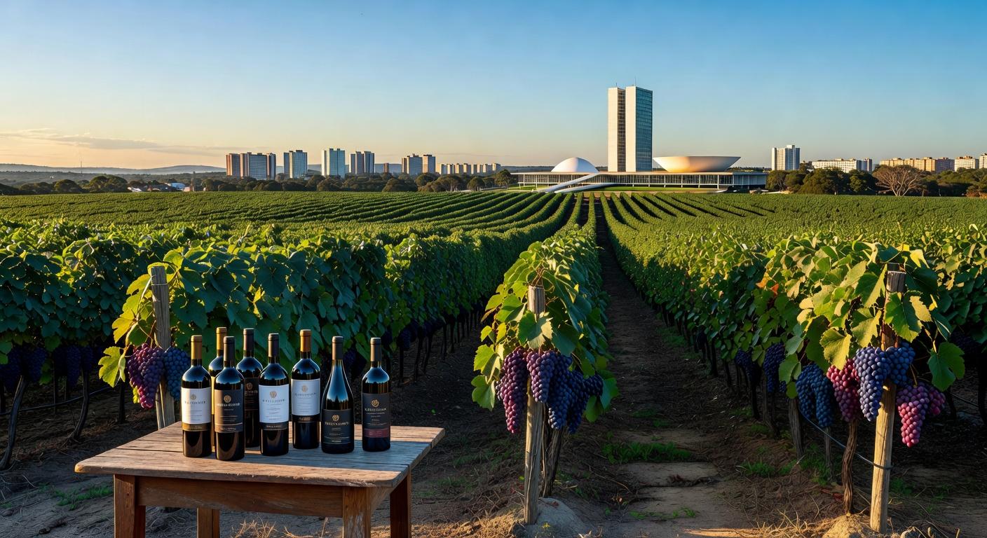 Vinhedos e garrafas de vinho em vinícola de Brasília, celebrando 2 anos e 66 anos da capital.