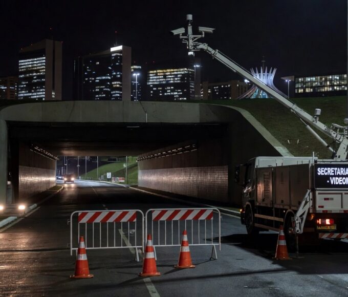 Túnel Buraco do Tatu em Brasília interditado à noite para manutenção de câmeras pelo DER-DF.
