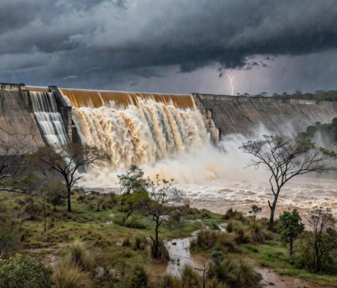 Barragem de Santa Maria transbordando, expondo riscos no abastecimento de água do DF.