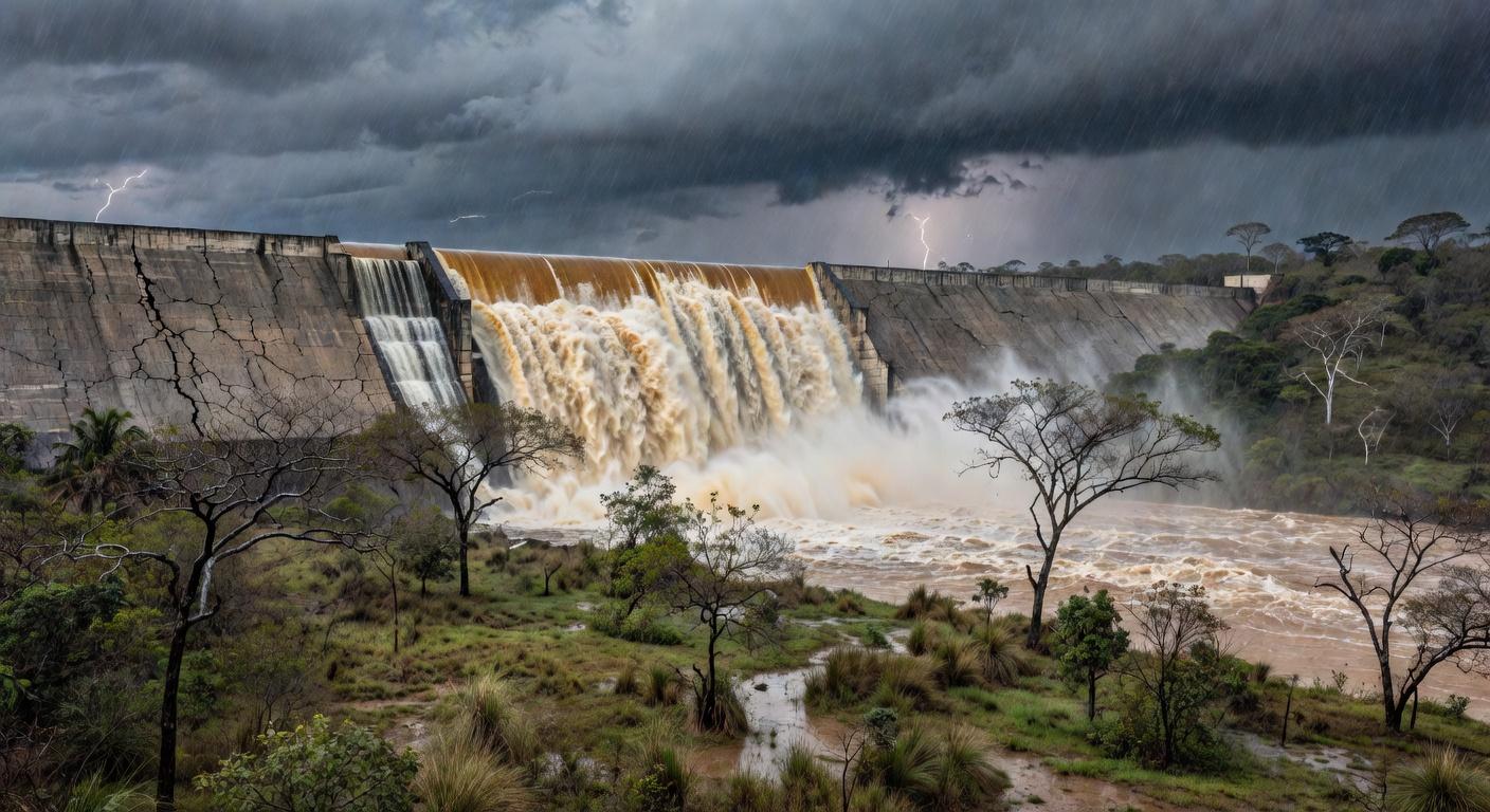 Barragem de Santa Maria transbordando, expondo riscos no abastecimento de água do DF.