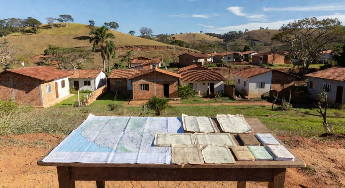 Paisagem de Planaltina com documento de regularização fundiária, representando entrega de contratos pelo GDF.