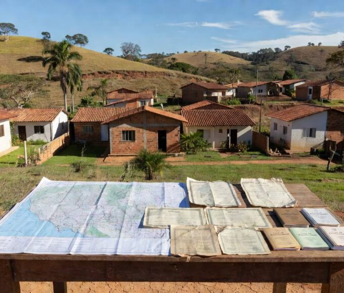 Paisagem de Planaltina com documento de regularização fundiária, representando entrega de contratos pelo GDF.