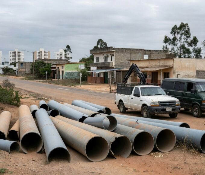 Ligações clandestinas de água em rua de Sucupira, DF, com tubulações improvisadas e mangueiras conectadas ilegalmente.