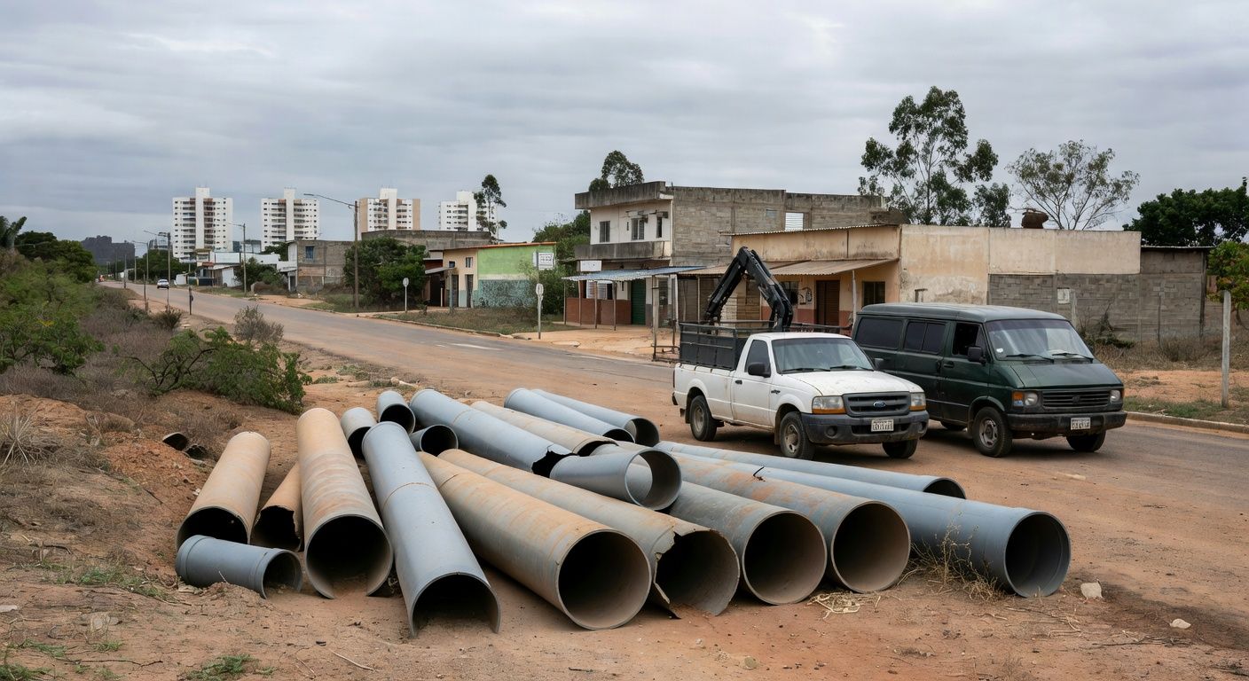 Ligações clandestinas de água em rua de Sucupira, DF, com tubulações improvisadas e mangueiras conectadas ilegalmente.