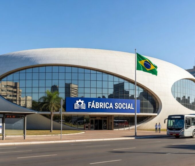 Edifício da Fábrica Social em Brasília, anunciando vagas remanescentes para capacitação.