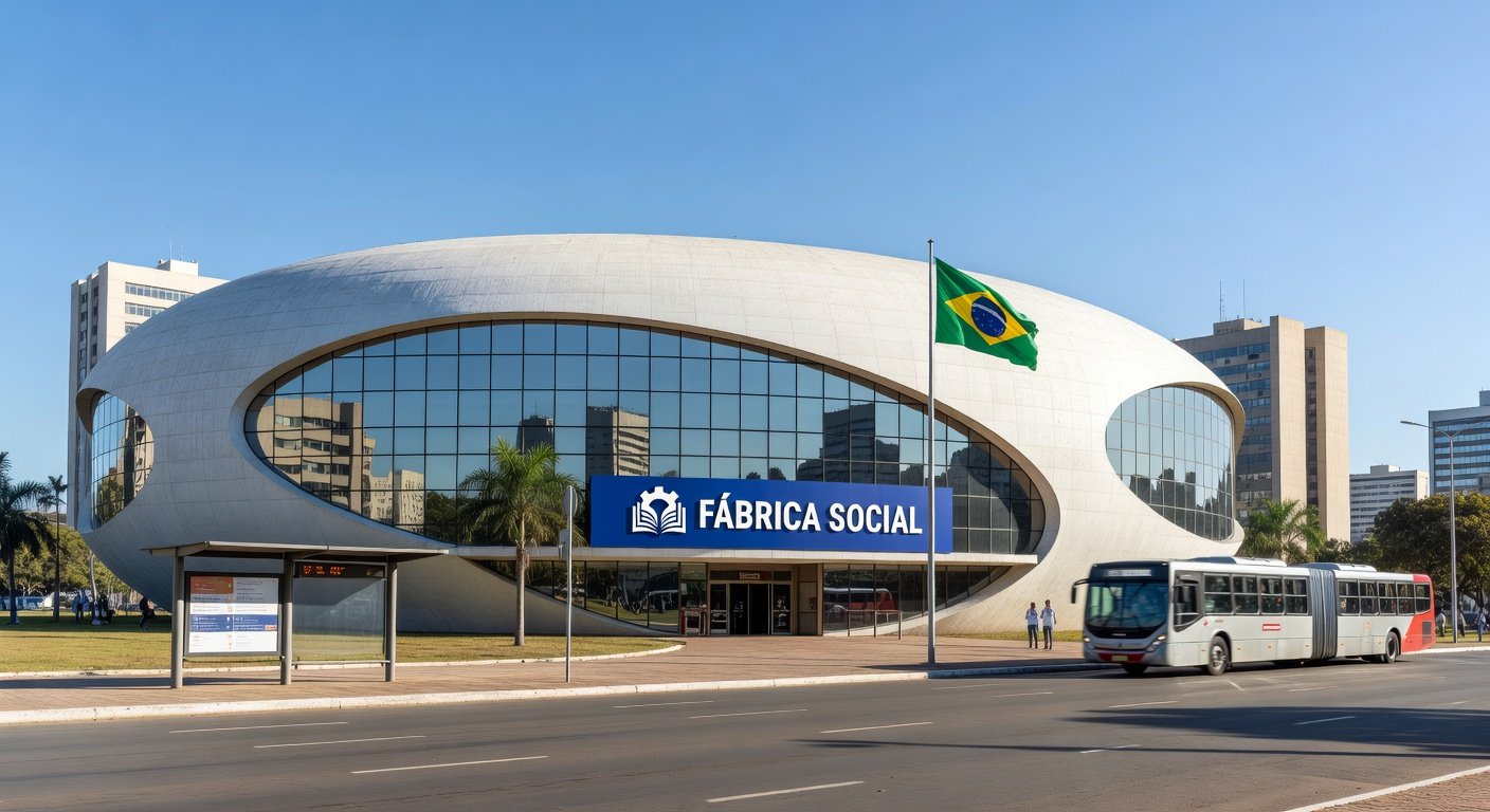 Edifício da Fábrica Social em Brasília, anunciando vagas remanescentes para capacitação.