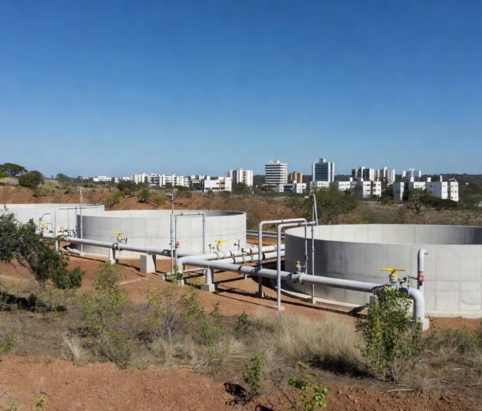 Reservatórios de água inaugurados em Sobradinho, com estruturas modernas e paisagem do Cerrado, anunciando obras para 355 mil moradores.