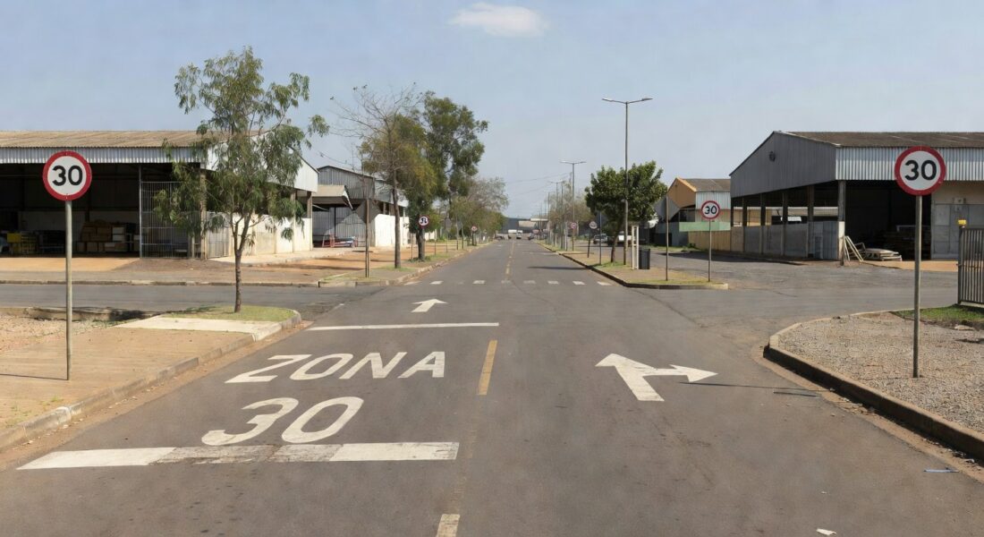 Rua do Setor de Indústrias do Gama com sinalização de Zona 30 e sentido único implantada pelo Detran-DF
