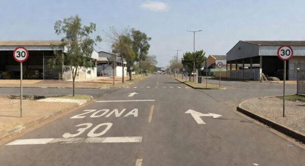 Rua do Setor de Indústrias do Gama com sinalização de Zona 30 e sentido único implantada pelo Detran-DF