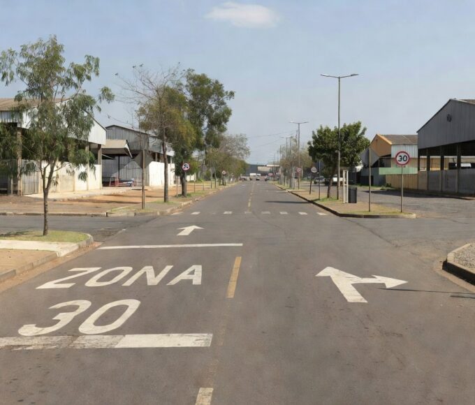 Rua do Setor de Indústrias do Gama com sinalização de Zona 30 e sentido único implantada pelo Detran-DF
