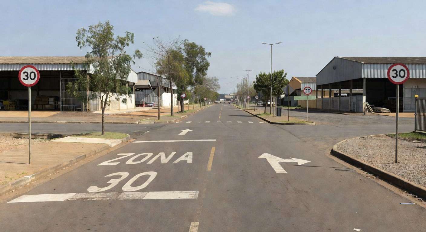 Rua do Setor de Indústrias do Gama com sinalização de Zona 30 e sentido único implantada pelo Detran-DF