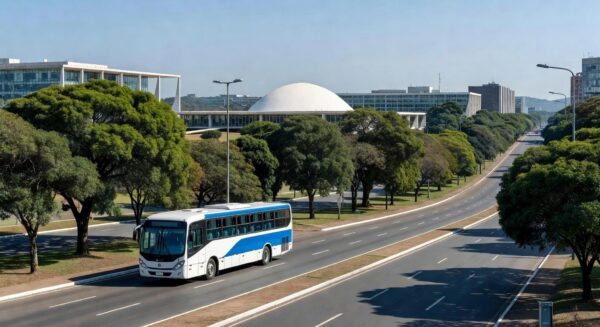 Ônibus escolar elétrico em testes nas ruas de Brasília, Distrito Federal.