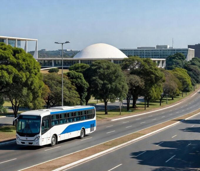 Ônibus escolar elétrico em testes nas ruas de Brasília, Distrito Federal.