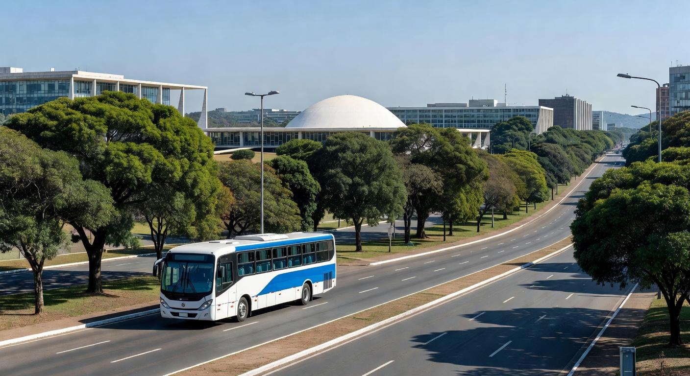 Ônibus escolar elétrico em testes nas ruas de Brasília, Distrito Federal.