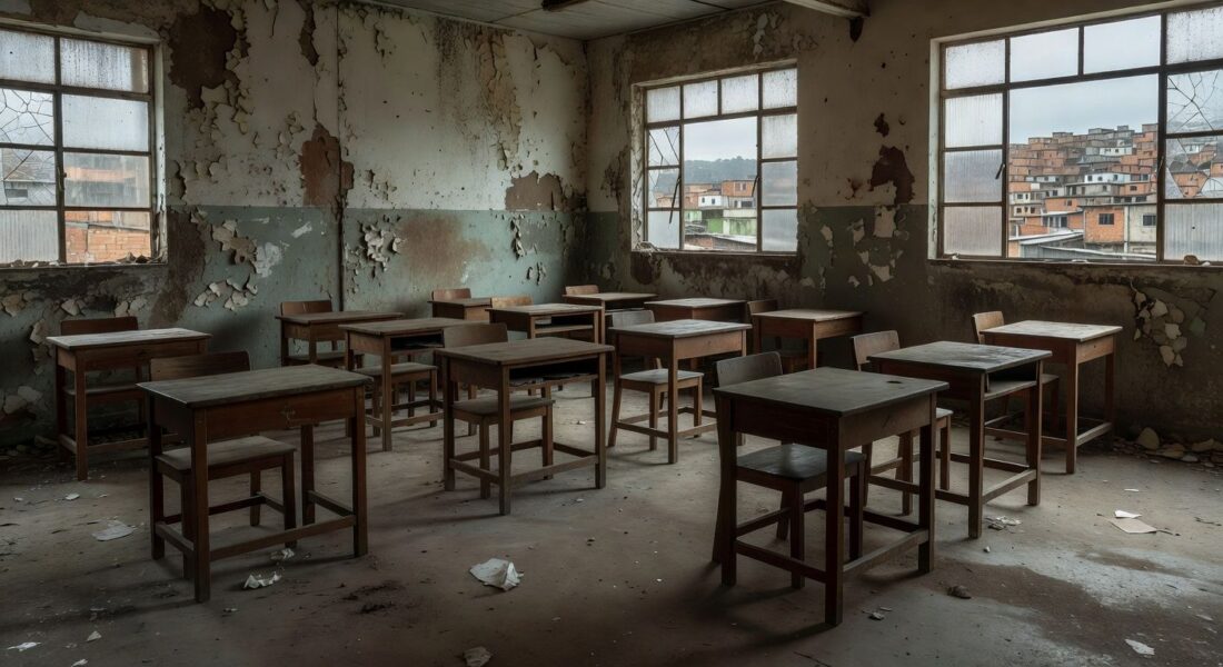 Sala de aula vazia simbolizando exclusão na educação de jovens e adultos