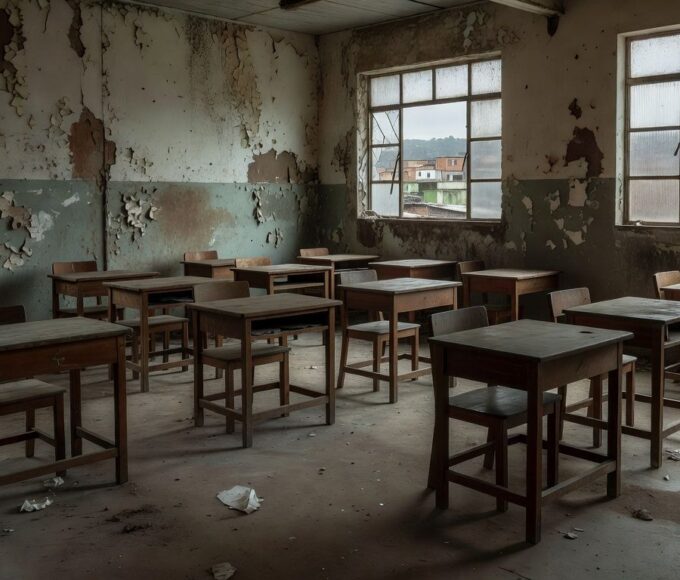 Sala de aula vazia simbolizando exclusão na educação de jovens e adultos