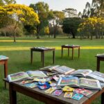 Mesas com álbuns e figurinhas da Copa no Parque da Cidade