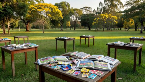Mesas com álbuns e figurinhas da Copa no Parque da Cidade