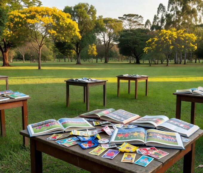 Mesas com álbuns e figurinhas da Copa no Parque da Cidade
